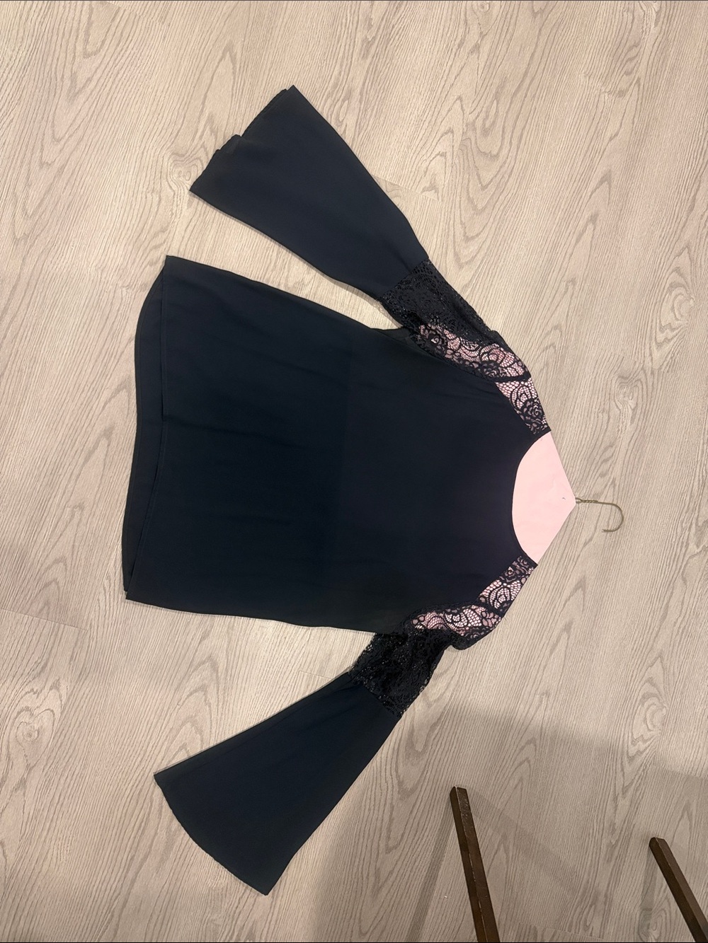Aqua Black Lace-Trim Bell Sleeve Blouse
